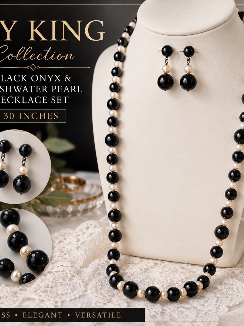 Vintage Jay King Style Black Onyx & Freshwater Pearl Necklace Set 30”